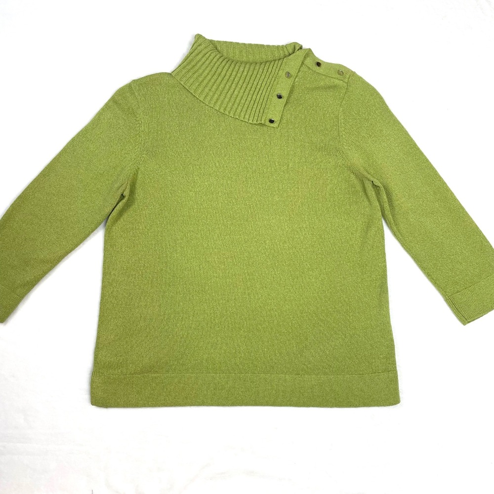 Judith Hart Sweater Women Medium Petite Green Y2K 3/4 Sleeve Mock Neck Snaps